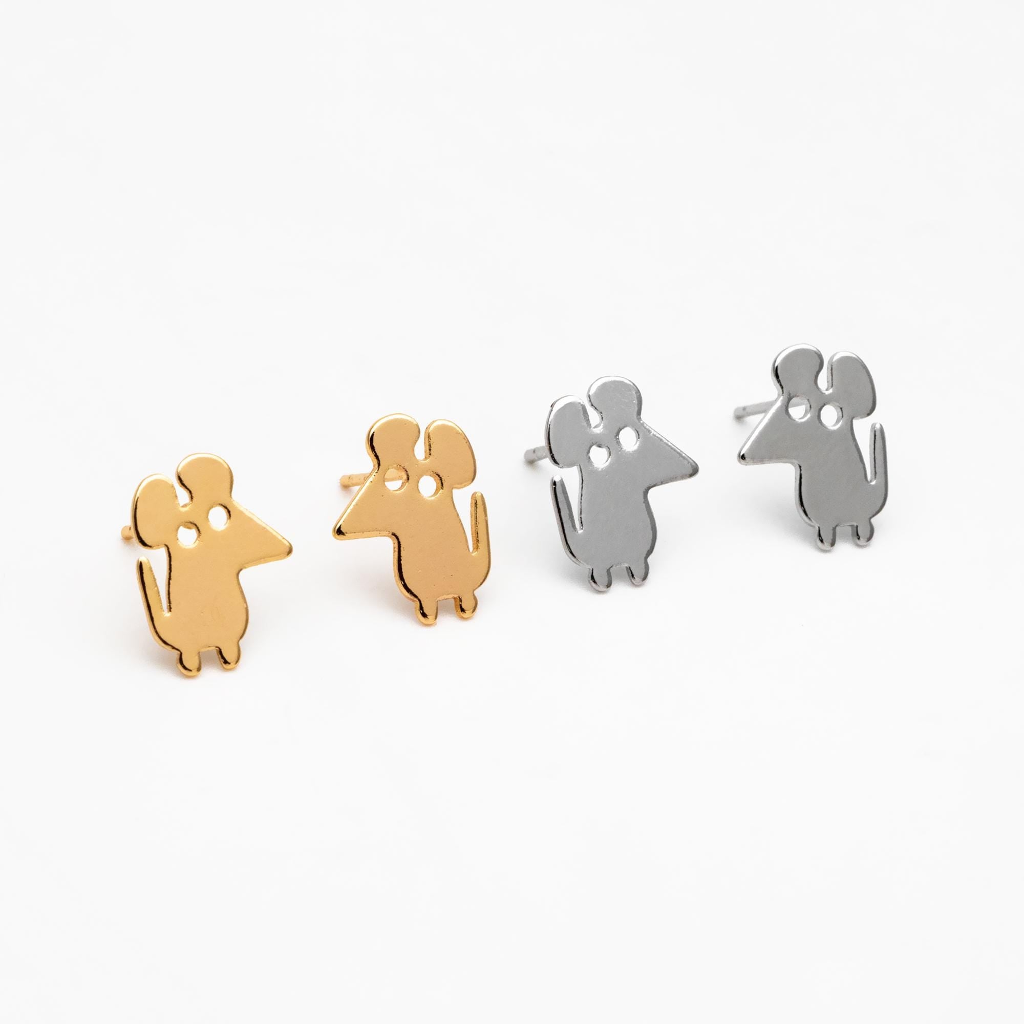 10pcs Gold/ Silver Tone Cute Mouse Earrings, Gold/ Rhodium Plated Brass, Minimalist Animal Stud Earrings (GB-4494)